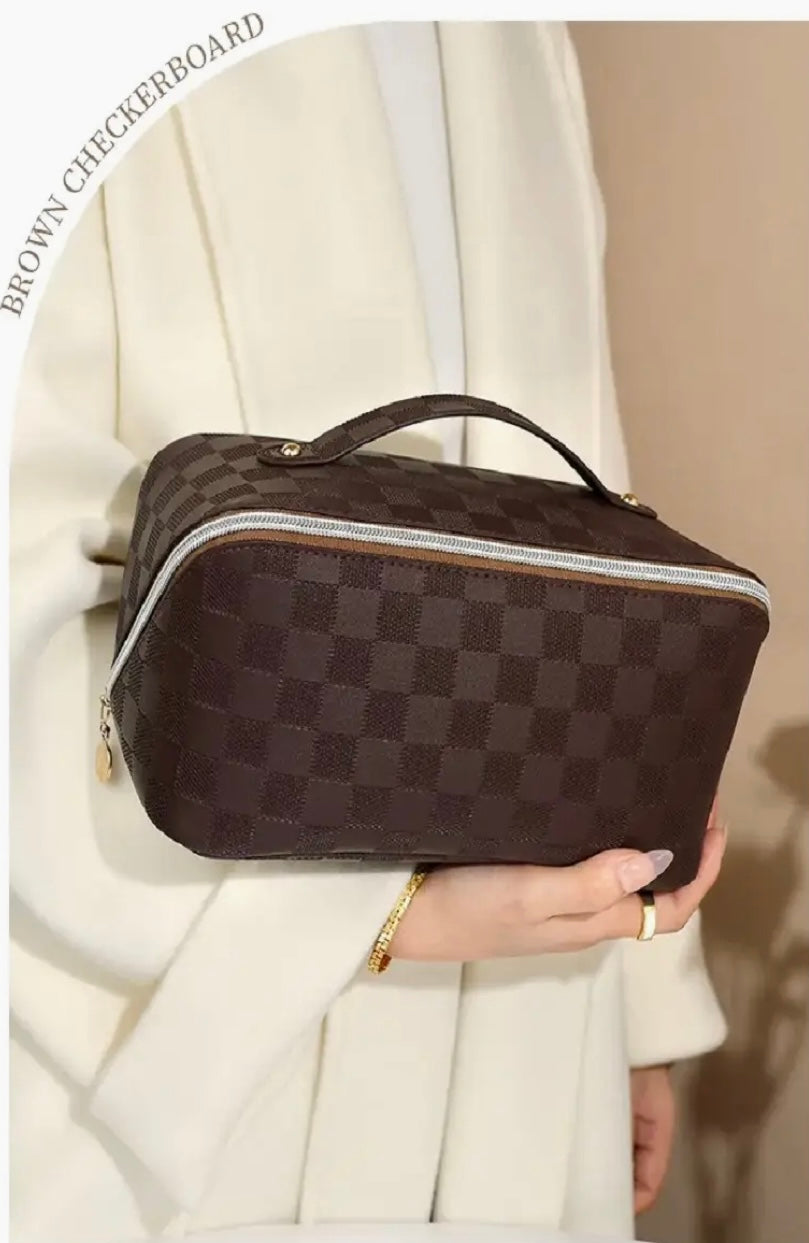 Brown Vegan Leather Checkered Makeup Bag