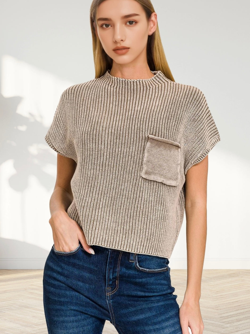 Washed Mock Neck Short Sleeve Sweater- Mocha