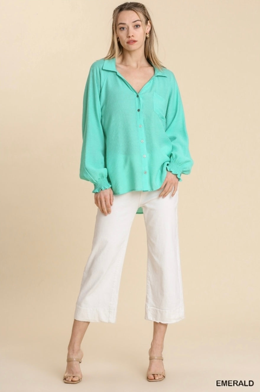 Emerald Sheer Collared Button Down Top