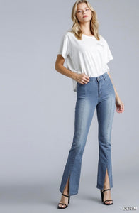 Umgee Front Slit High Rise Flare Jeans