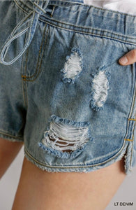 Distressed Drawstring Denim Shorts