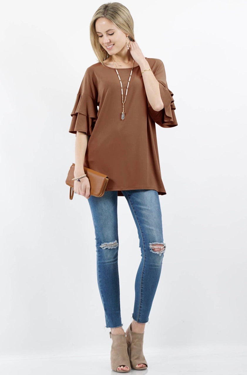 Light Brown Ruffle Sleeve Tunic