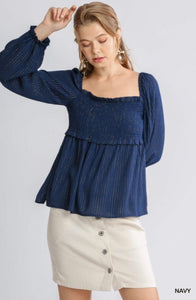 Navy Smocked Babydoll Top