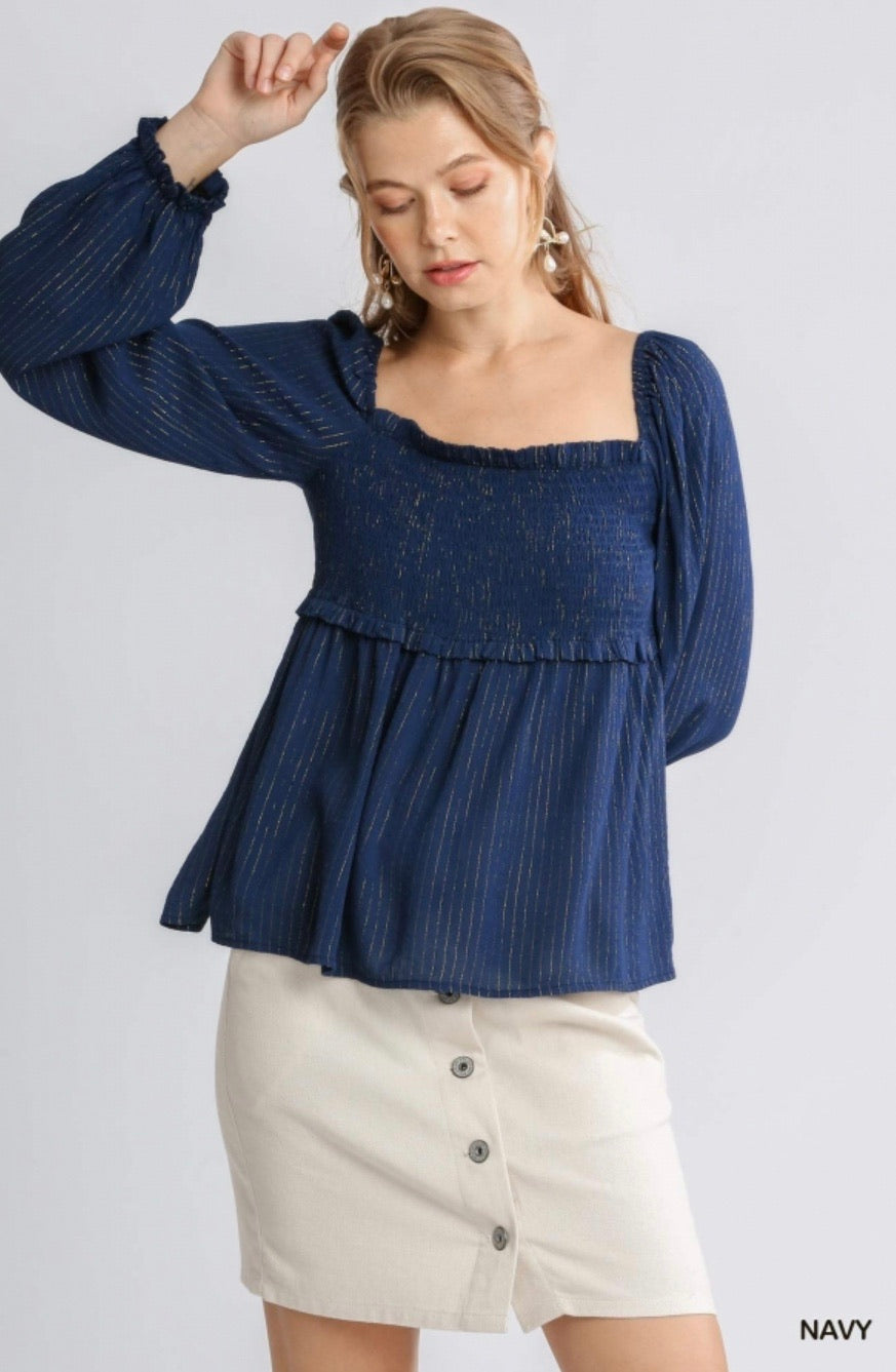 Navy Smocked Babydoll Top