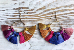 Light Pinks Multi Tassel Gold Hoop Earrings