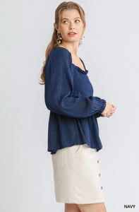 Navy Smocked Babydoll Top