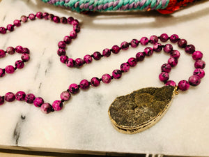 Pink & Brown Druzy Drop Stone Long Statement Necklace