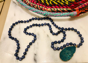 Teal & Blue Druzy Drop Stone Long Statement Necklace