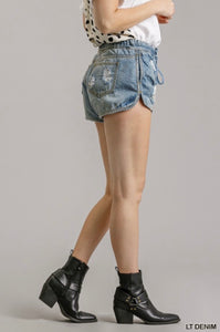 Distressed Drawstring Denim Shorts