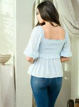 Load image into Gallery viewer, Iced Blue Smocked Peplum Top
