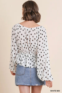 Black & White Polka Dot Long Puff Sleeve Top