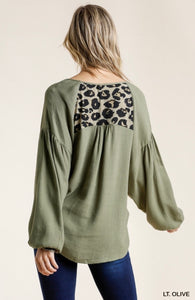 Animal Print Long Balloon Sleeve Top