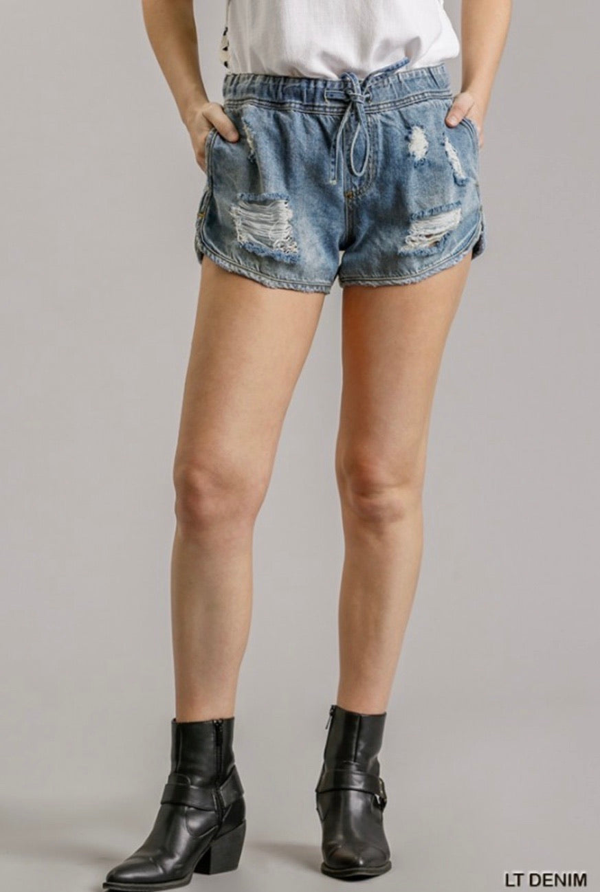 Distressed Drawstring Denim Shorts