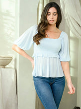 Load image into Gallery viewer, Iced Blue Smocked Peplum Top
