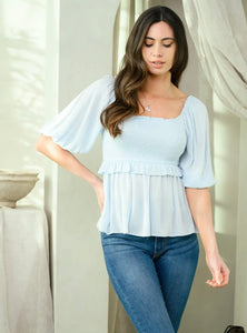 Iced Blue Smocked Peplum Top