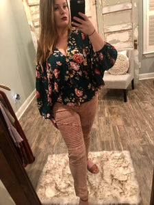 Dark Green Floral Print Puff Sleeve Top